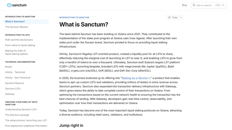 Sanctum documentation page introducing liquid staking and technical docs