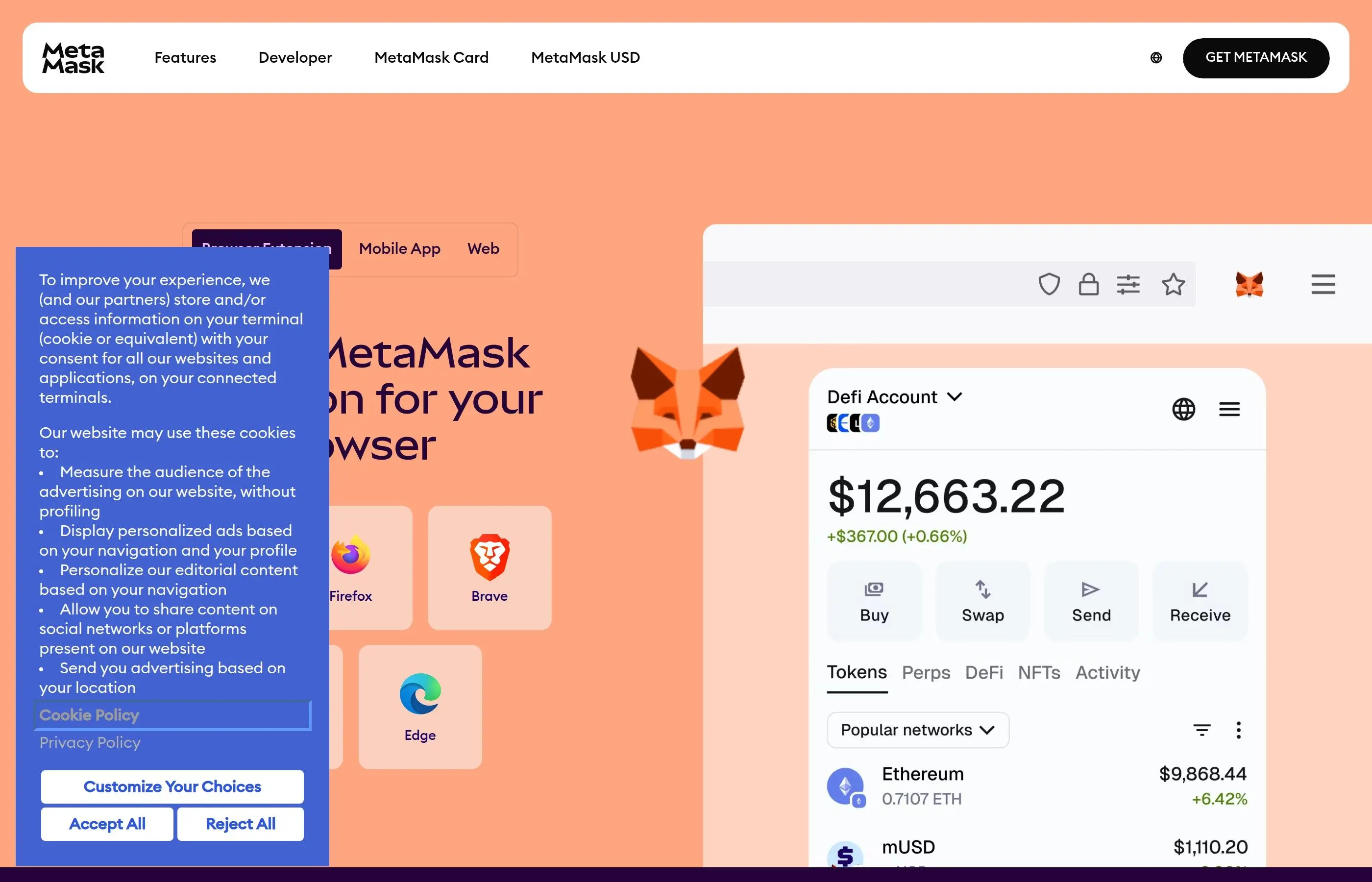 MetaMask swap interface showing ETH to USDC swap with slippage settings visible