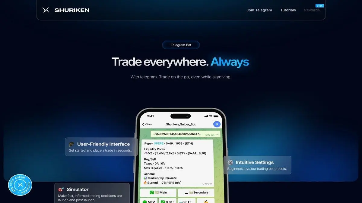 Shuriken trading interface website screenshot for Telegram bot comparison