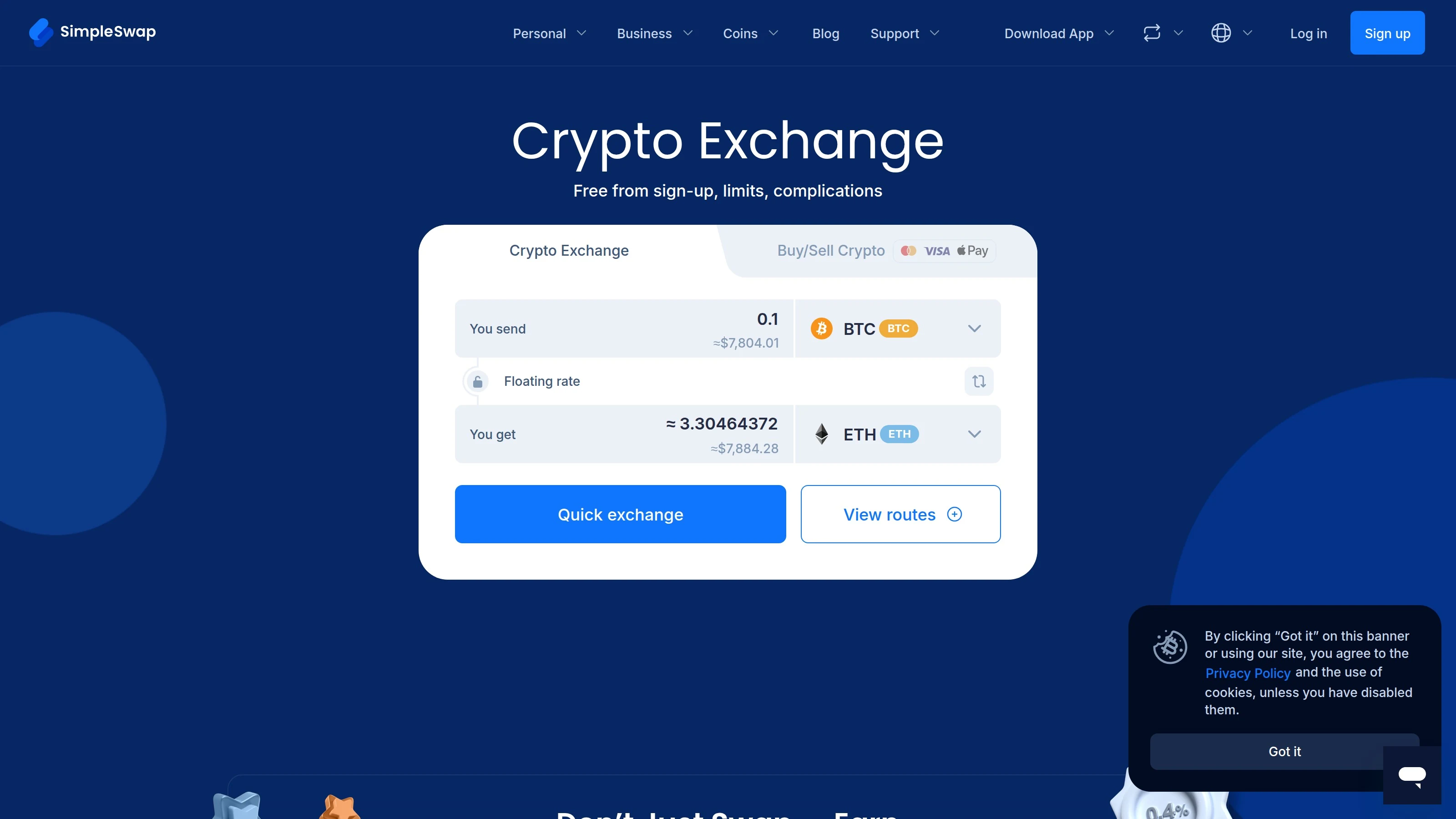 SimpleSwap homepage section highlighting no sign-up, non-custodial usage, and wide asset selection
