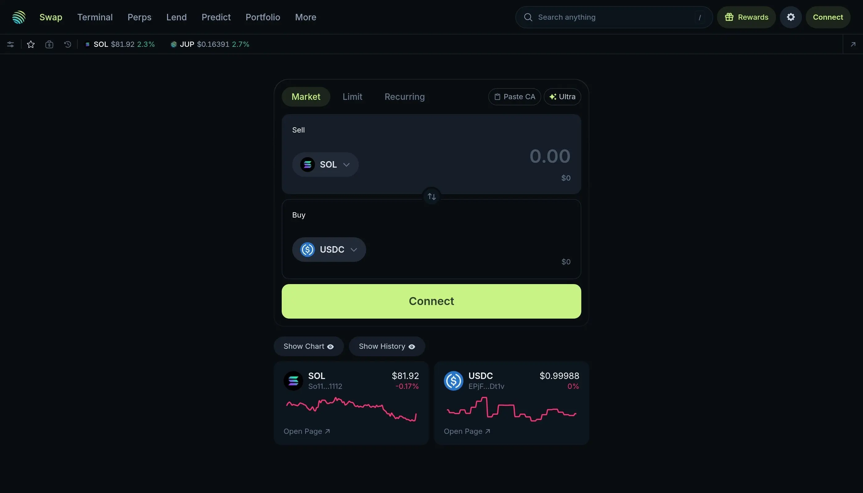 Jupiter DEX aggregator on Solana showing swap interface with auto slippage and manual tolerance settings