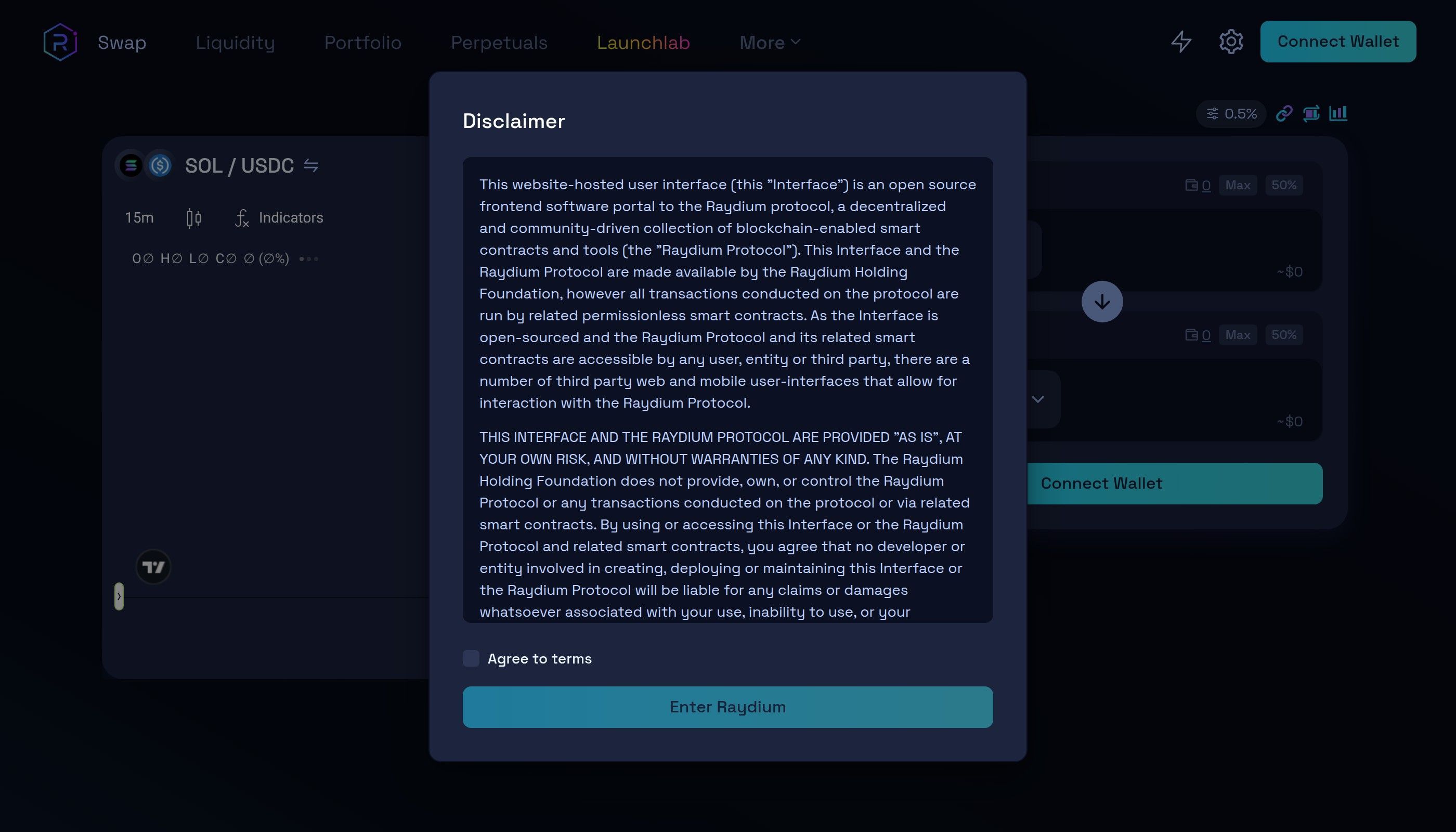 Raydium DEX swap interface on Solana showing slippage tolerance percentage dropdown options