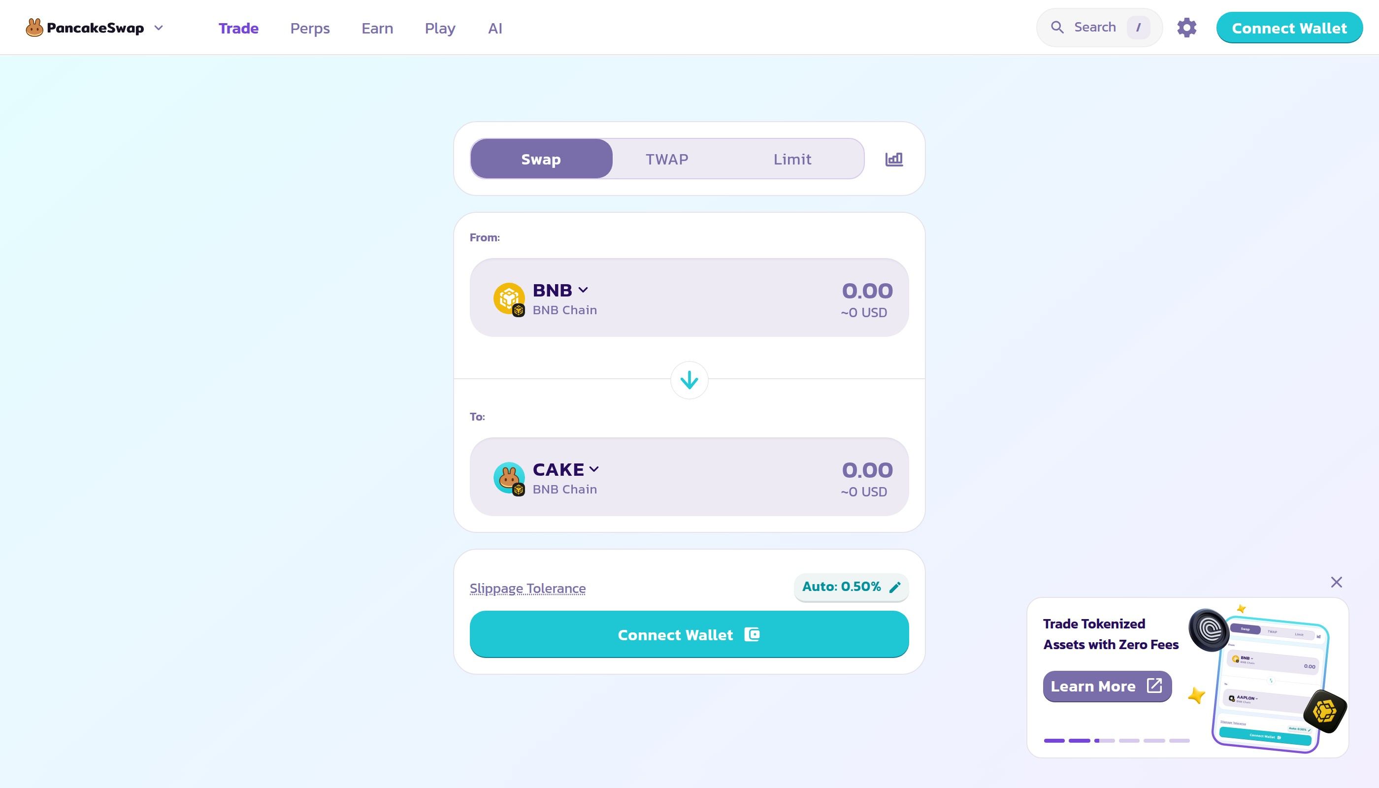 PancakeSwap DEX swap interface on BNB Chain showing slippage tolerance and expert mode settings