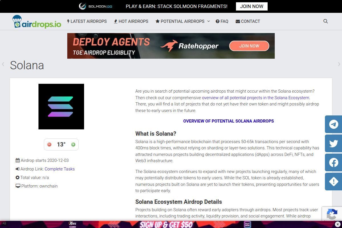 Airdrops.io Solana section - tracking active and upcoming Solana ecosystem airdrops