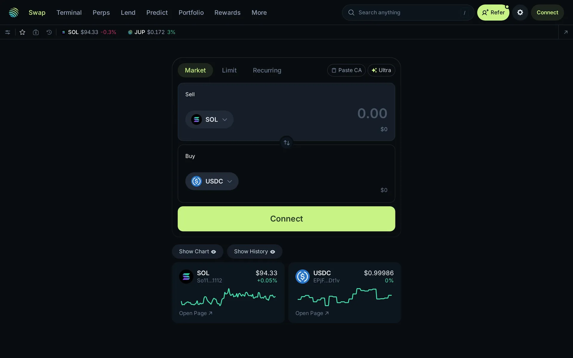 Jupiter DEX swap interface - SOL to USDC swap on Solana