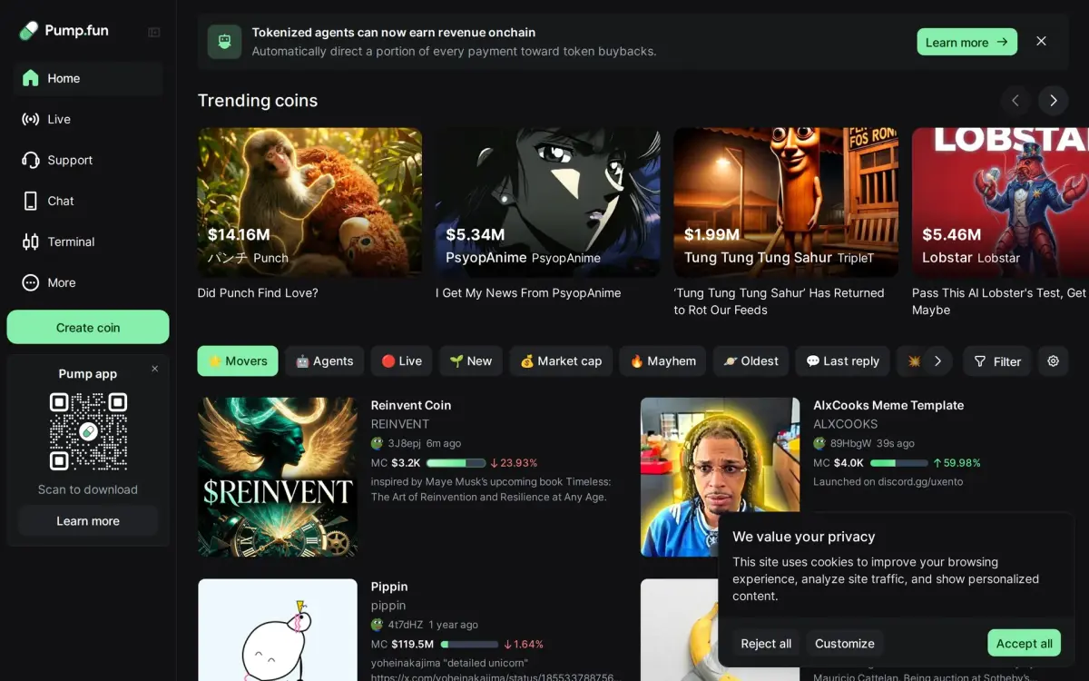 Pump.fun trending memecoins board on Solana