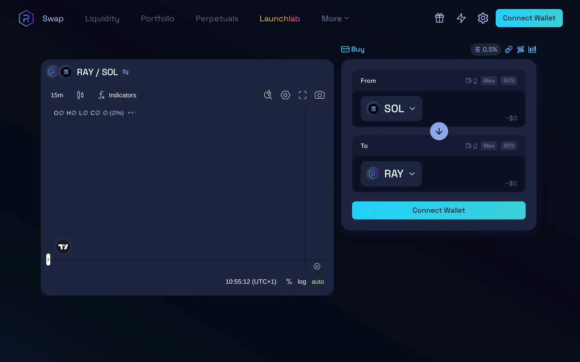 Raydium DEX swap interface on Solana - RAY to SOL trading pair