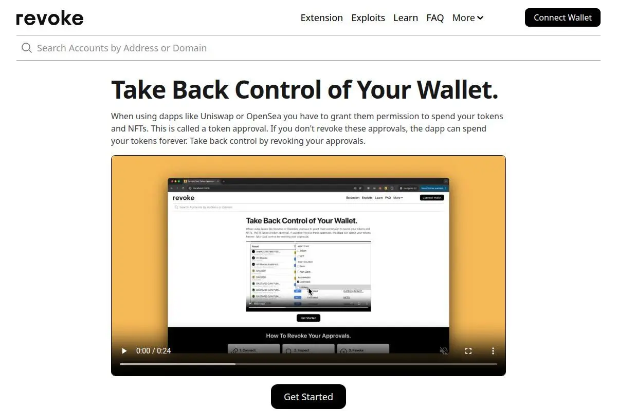 Revoke.cash - tool to revoke token approvals and protect your wallet after airdrop claims