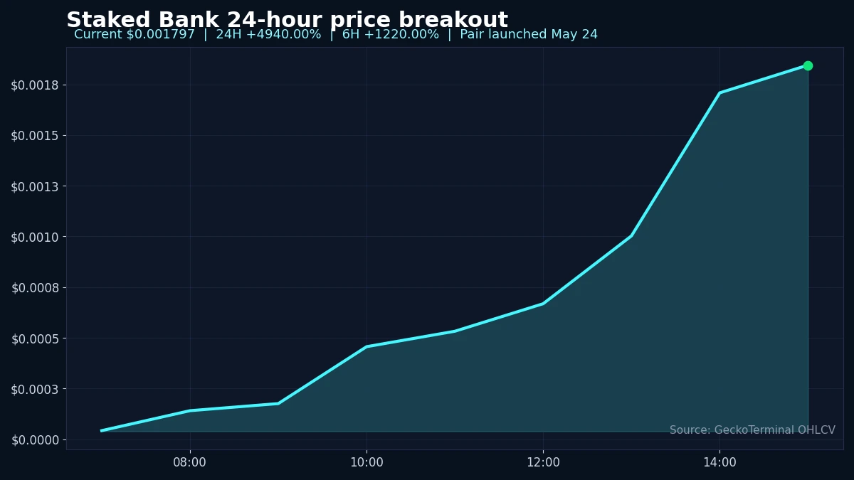 Custom 24-hour Staked Bank price chart showing how fast the Solana token expanded after launch.