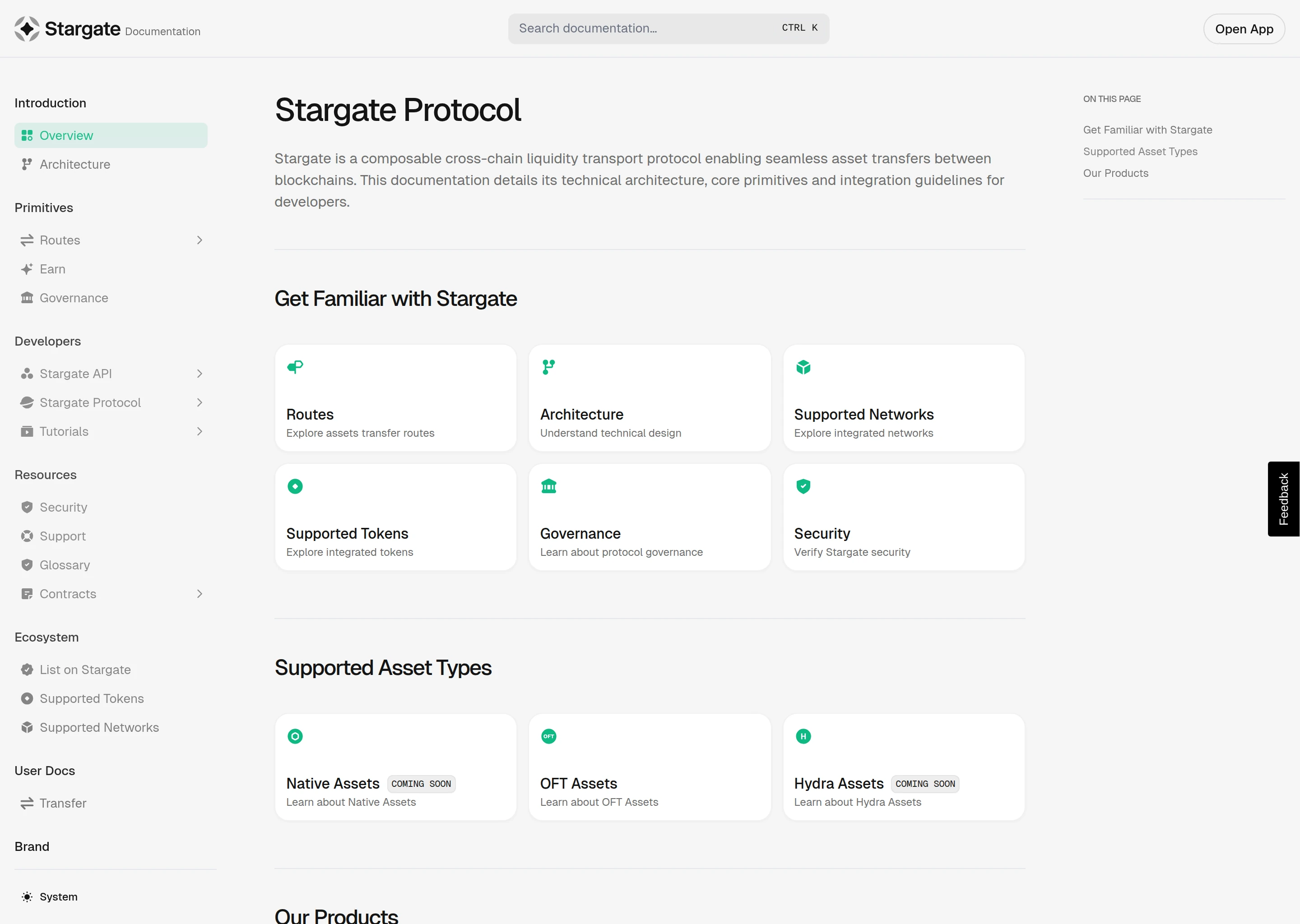 Stargate documentation overview page showing routes, architecture, supported networks, supported tokens, and security resources