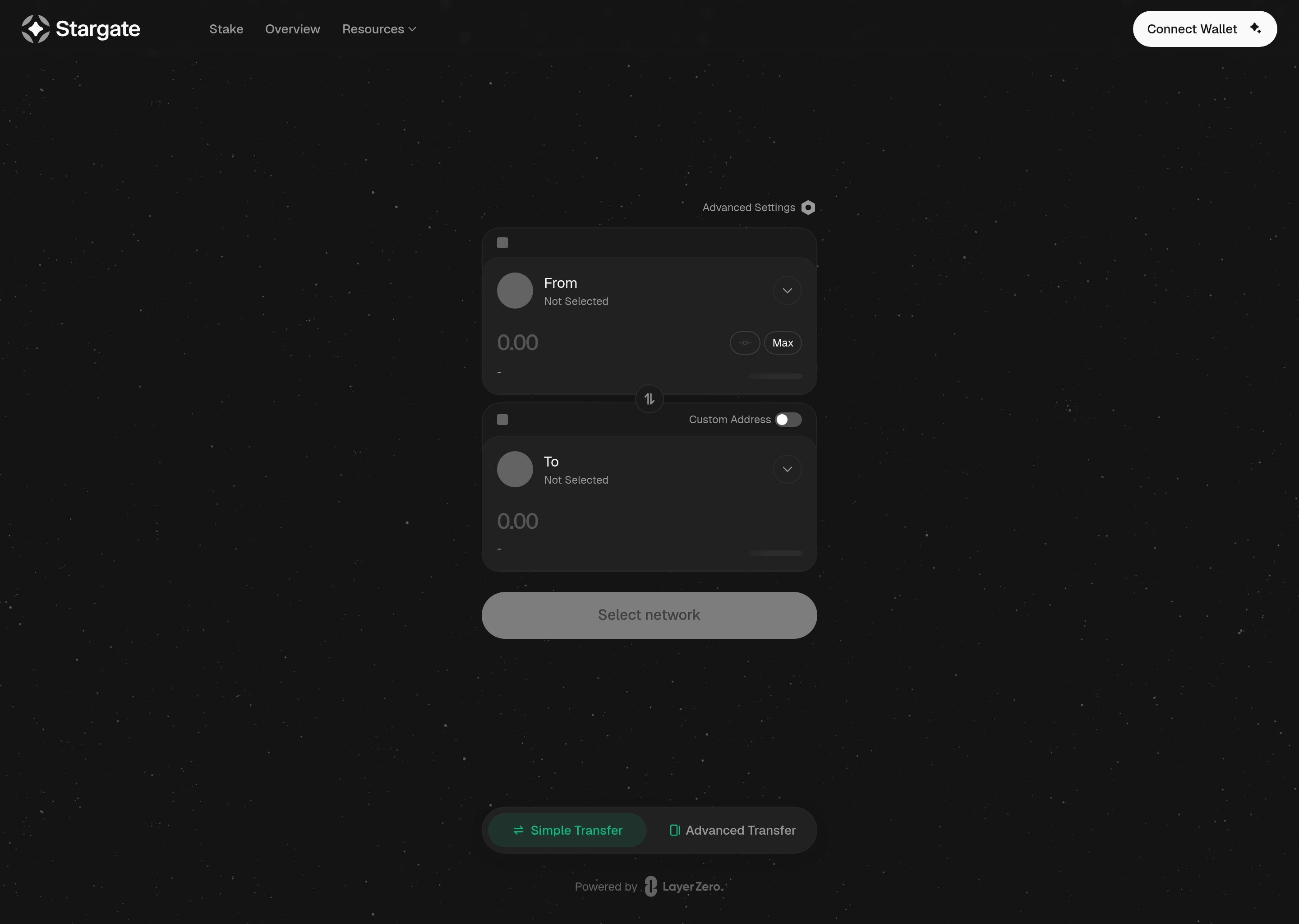 Stargate transfer app with source and destination selectors, amount fields, and wallet connection controls