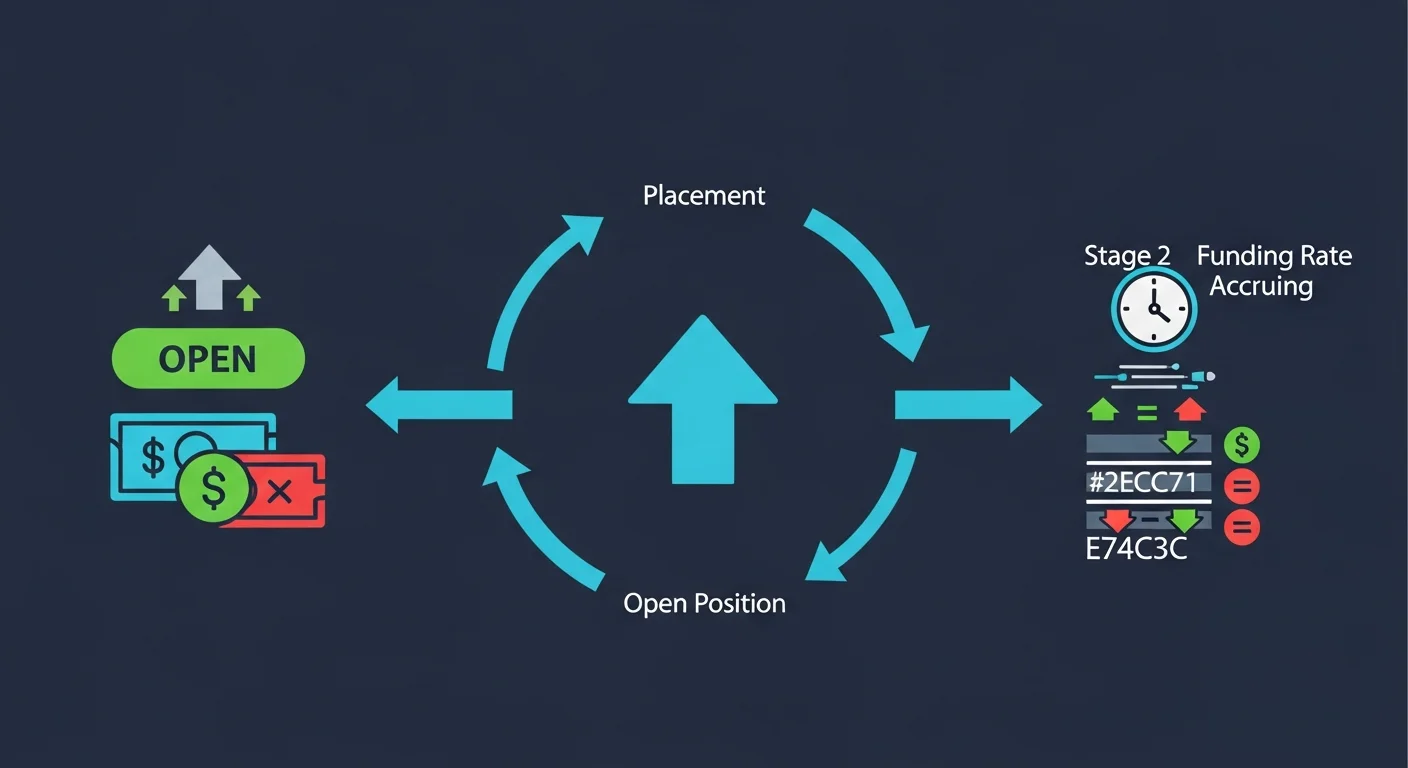 Diagram of perpetual position lifecycle: open with margin and leverage, funding rate, liquidation threshold, close at PnL