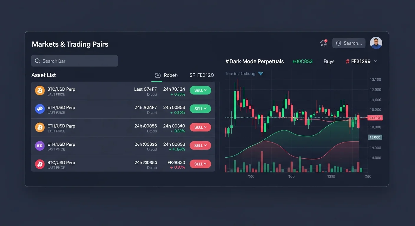 Storm Trade UI mockup with order book, leverage slider, position size, funding rate, and liquidation price