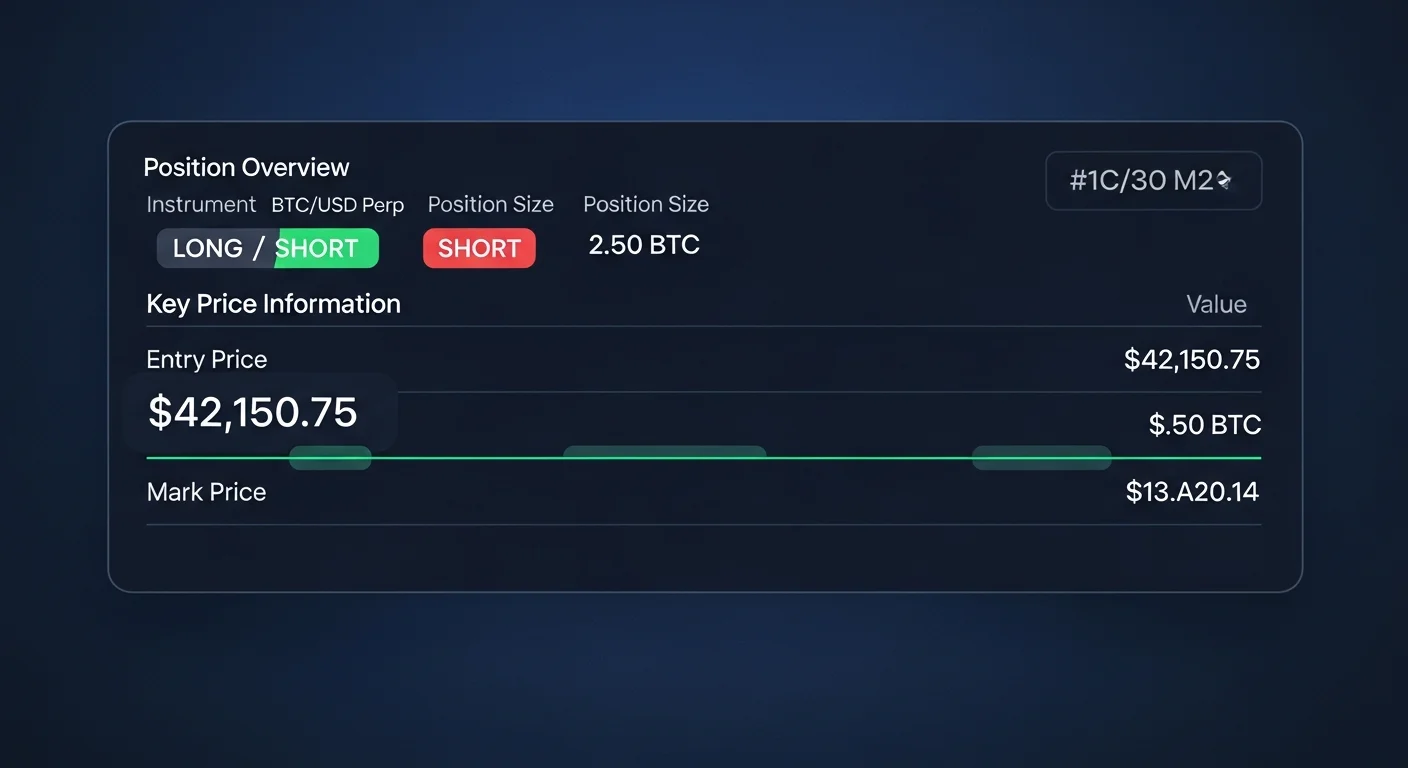 Position monitor mockup with entry price, mark price, unrealized PnL, margin ratio, and close button