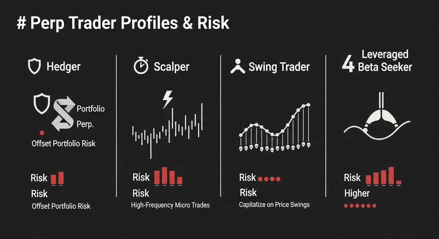 Infographic showing four perp trader profiles with leverage and risk indicators
