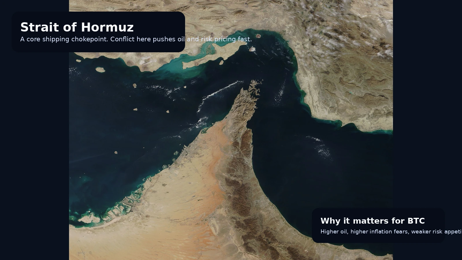Satellite view of the Strait of Hormuz, the oil shipping chokepoint that amplified inflation and geopolitical risk fears.