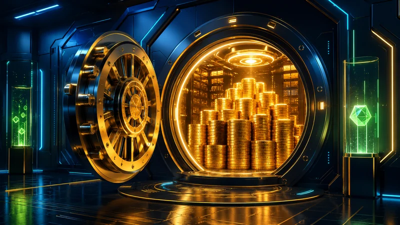 Abstract glowing bitcoin treasury vault representing Strategy MSTR holdings