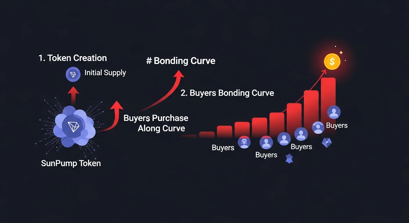 Diagram of the SunPump bonding curve flow from creation through migration to SunSwap