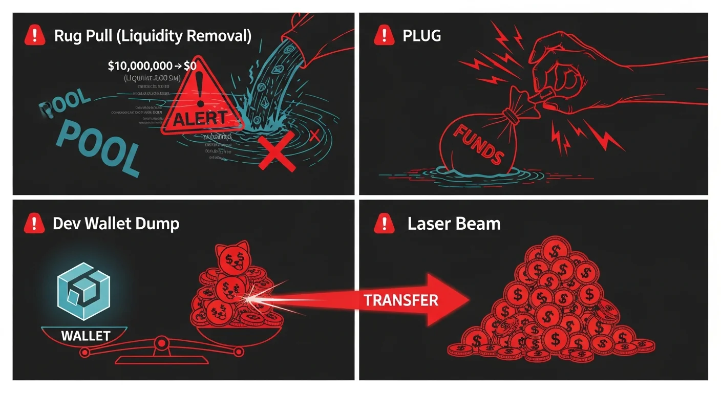 Four-panel illustration of memecoin scam patterns: rug pull, dev dump, fake roadmap, copycat tokens