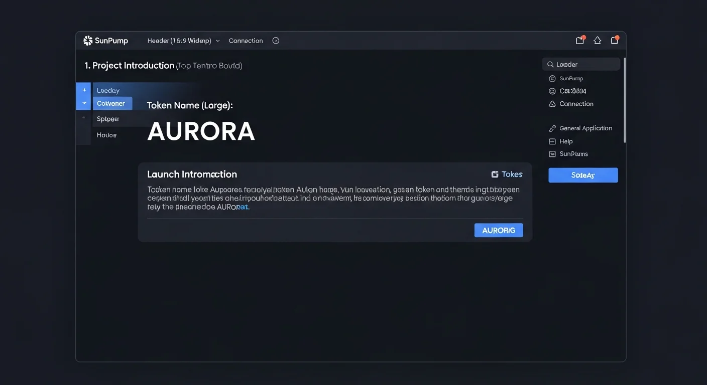 SunPump launch UI mockup with token name, ticker, supply, bonding curve progress, and buy button