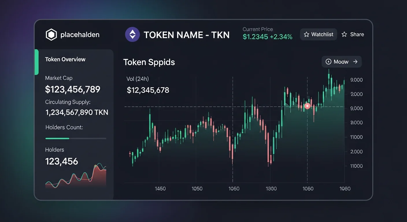 Token detail page mockup showing market cap, holders, liquidity, recent trades, and top holders distribution
