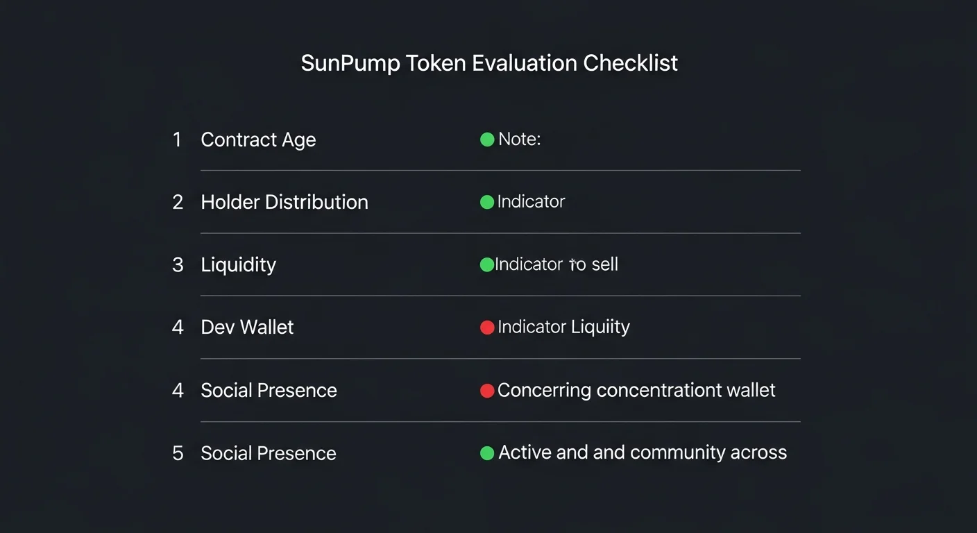 Infographic showing an evaluation checklist with green and red indicator dots for each criterion