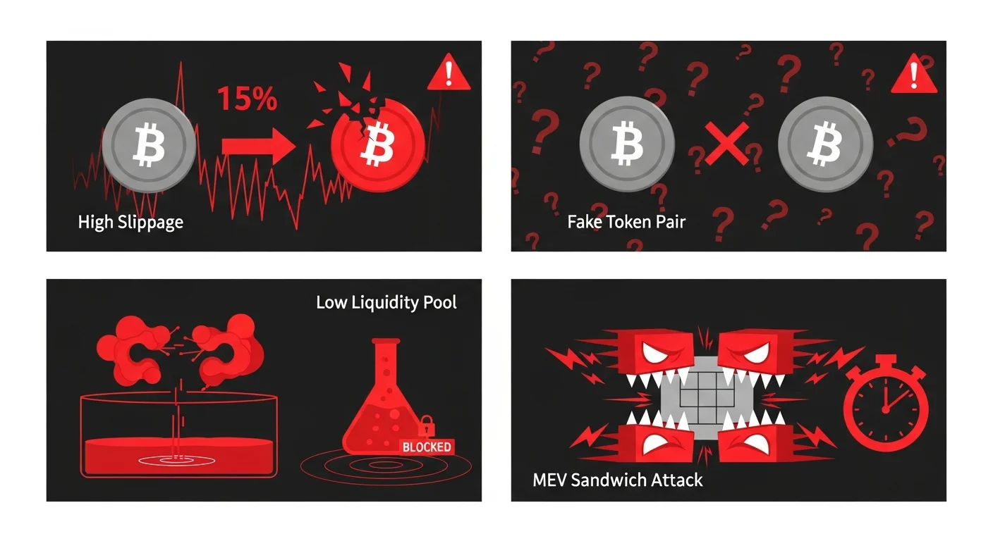 Four-panel illustration of SunSwap risks: high slippage, fake token, low liquidity, MEV sandwich