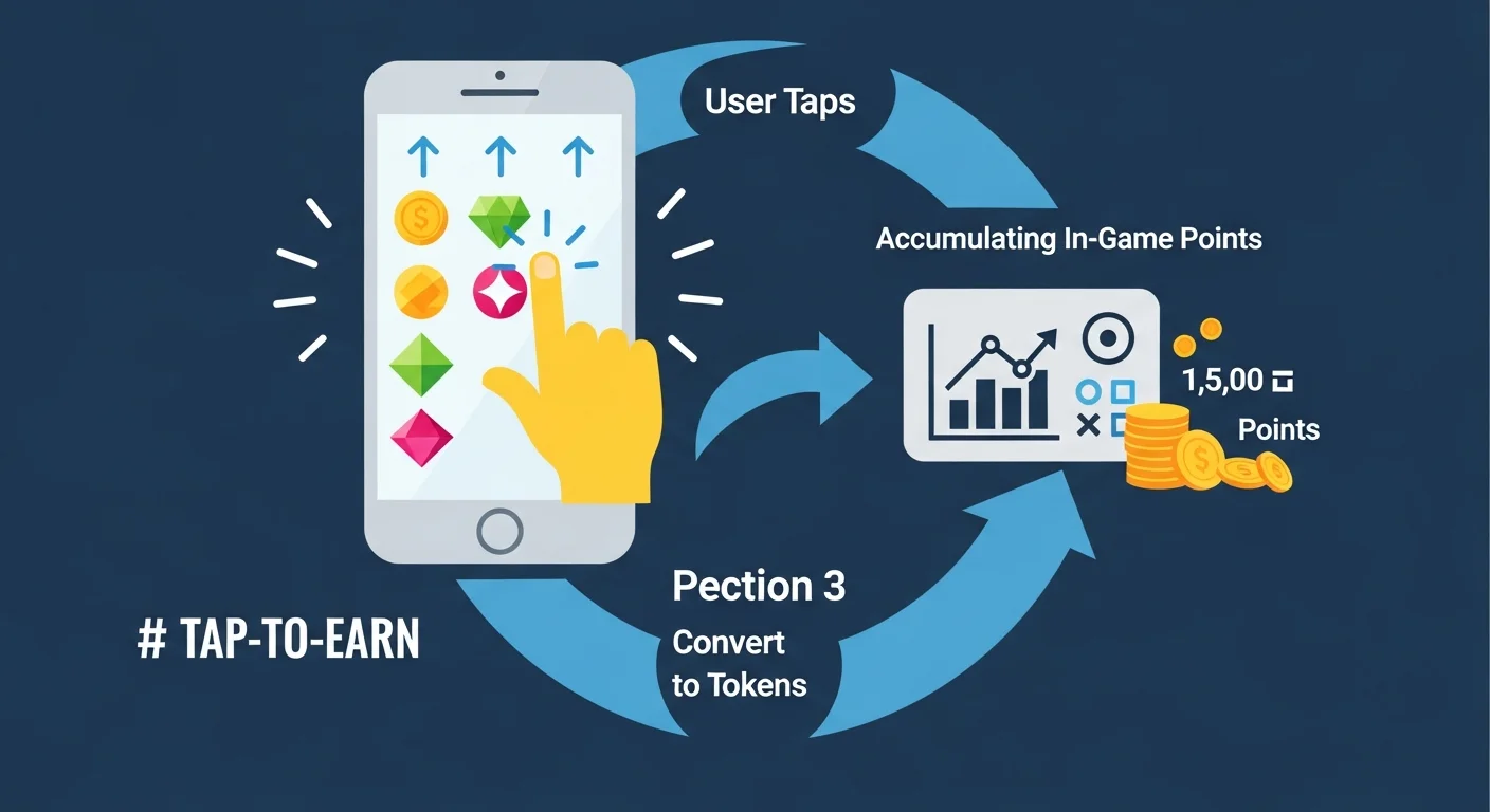 Diagram of tap-to-earn loop: tap in Mini App, accumulate points, airdrop conversion, trade on TON DEX