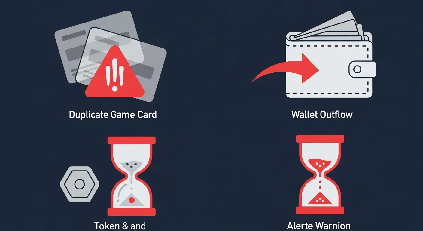 Four-panel illustration of tap-to-earn risks: phishing fake, drained wallet, low airdrop, energy abuse
