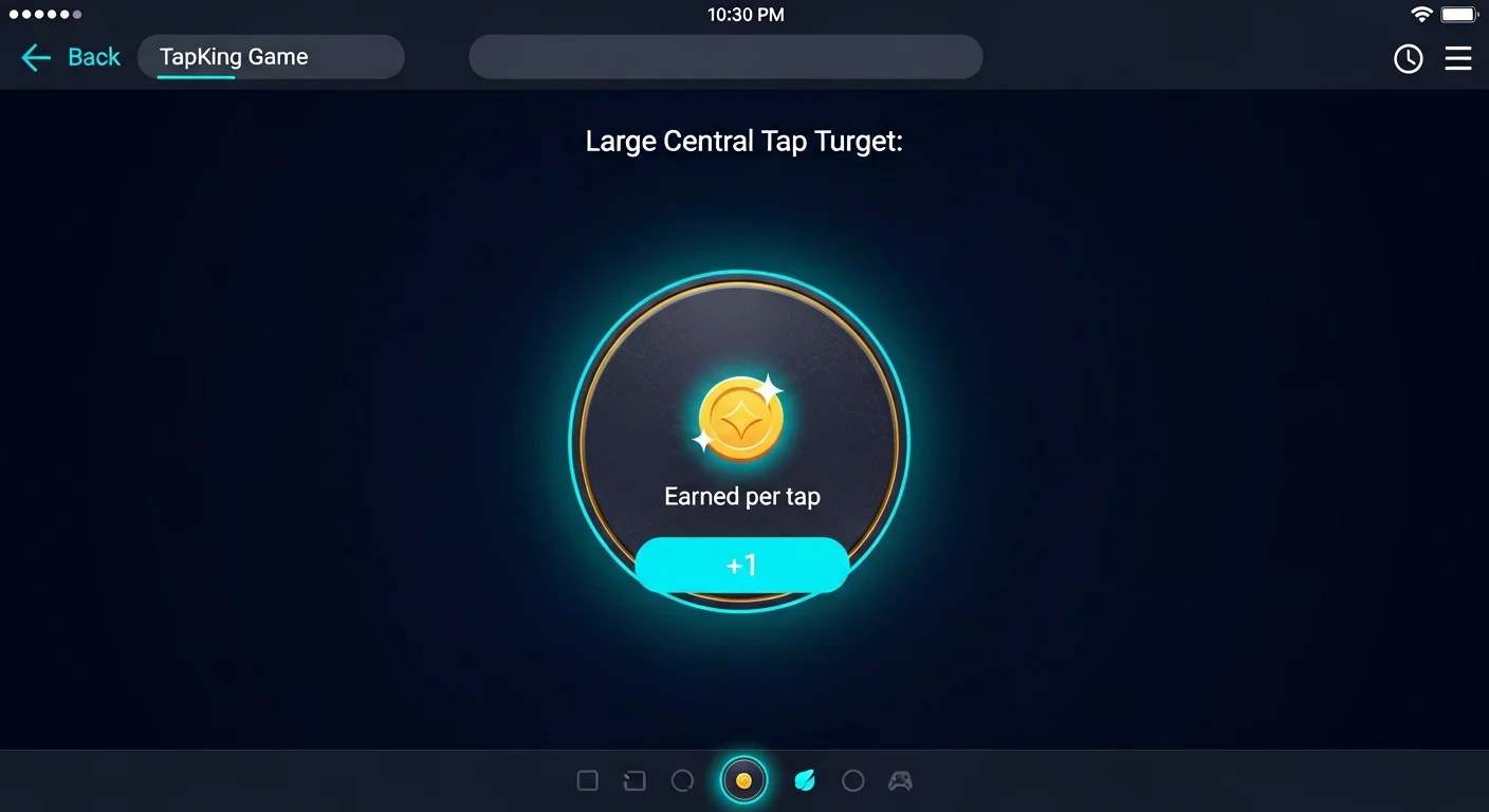 Tap-to-earn game UI mockup with central tap target, score counter, energy bar, and daily quest panel