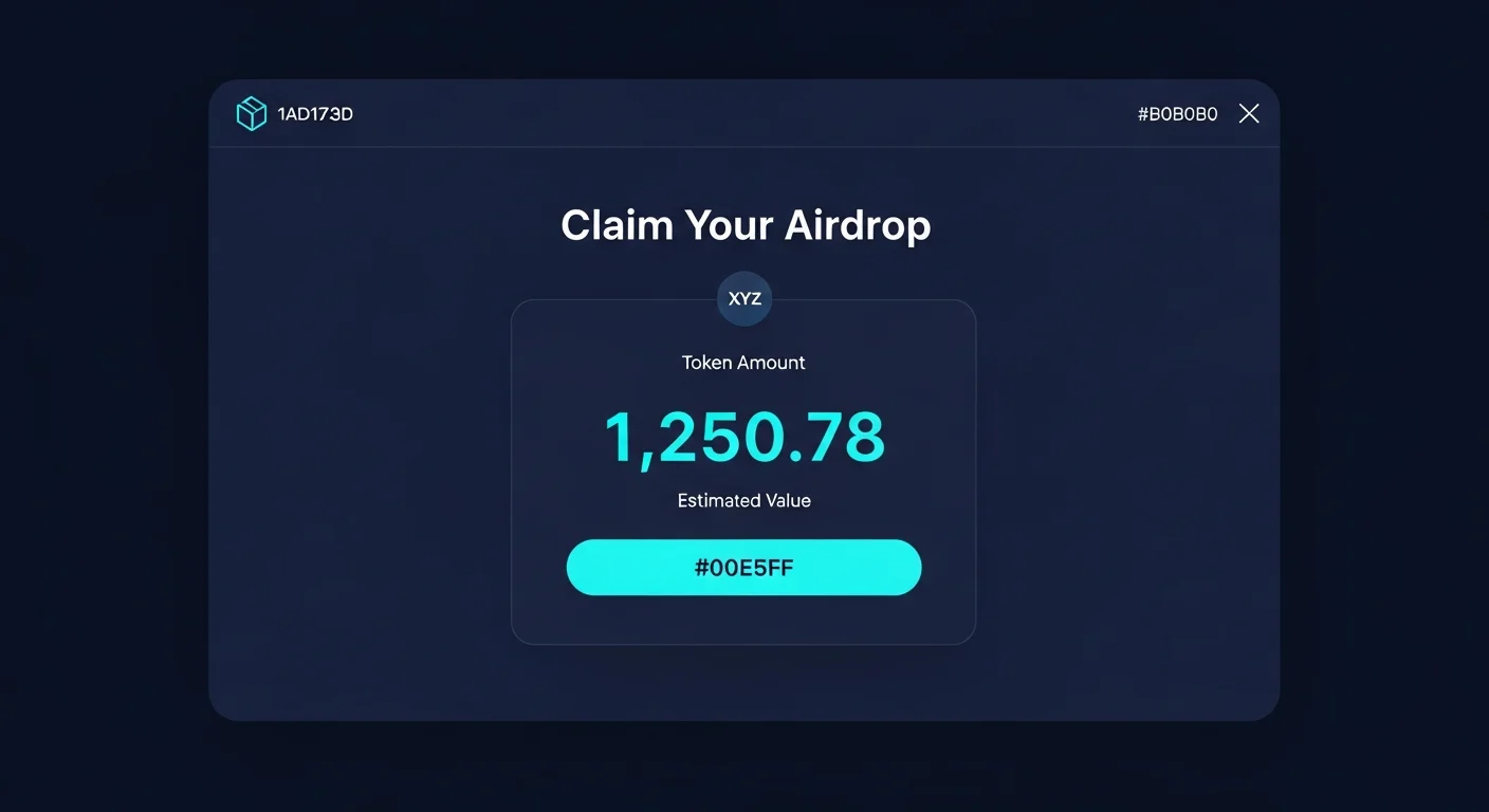 Airdrop claim screen mockup with token amount, wallet connect prompt, and claim button