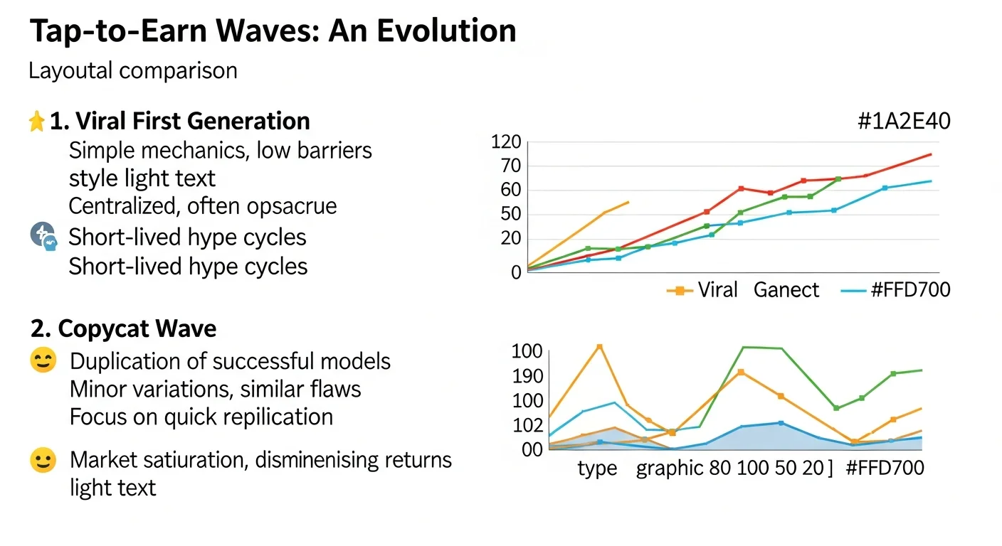 Infographic comparing four tap-to-earn waves: viral first gen, copycat wave, sustainable studios, fully on-chain games