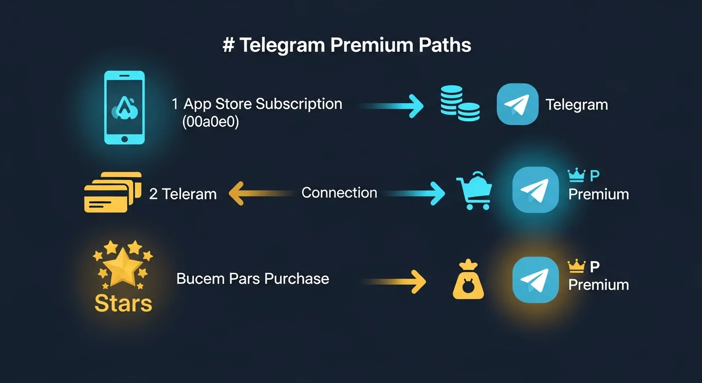 Diagram of three paths to Telegram Premium: app store subscription, Stars purchase, Fragment TON gift