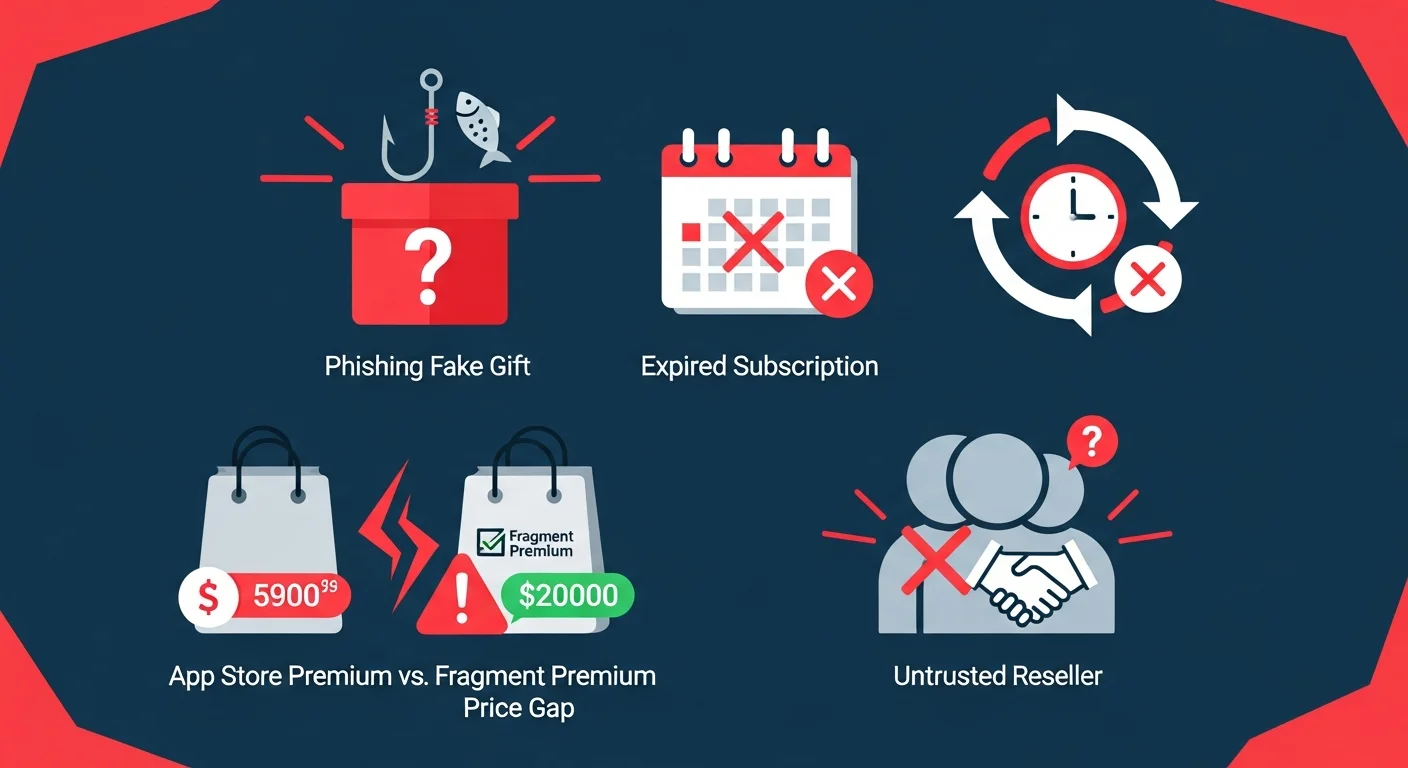 Four-panel illustration of Premium-related caution icons: phishing gift, expired subscription, price gap, untrusted reseller