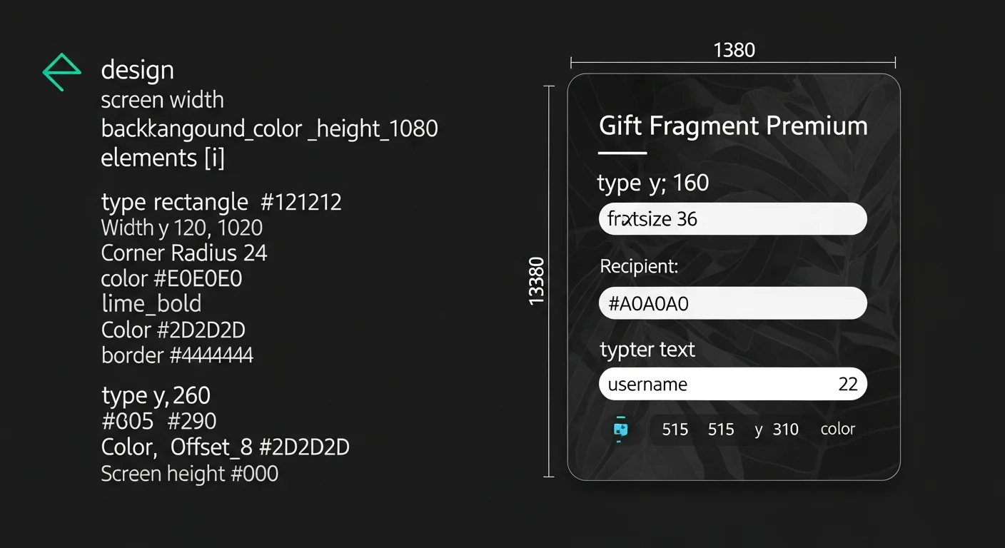 Fragment Premium gifting mockup with target username, duration selector, price in TON, and confirm button