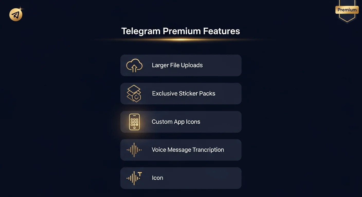 Telegram Premium feature list mockup with abstract icons for upload size, sticker pack, app icons, voice-to-text, profile