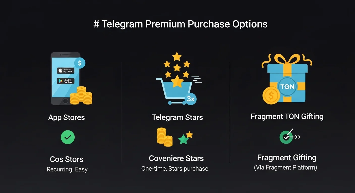 Infographic comparing three ways to buy Telegram Premium with cost and convenience indicators