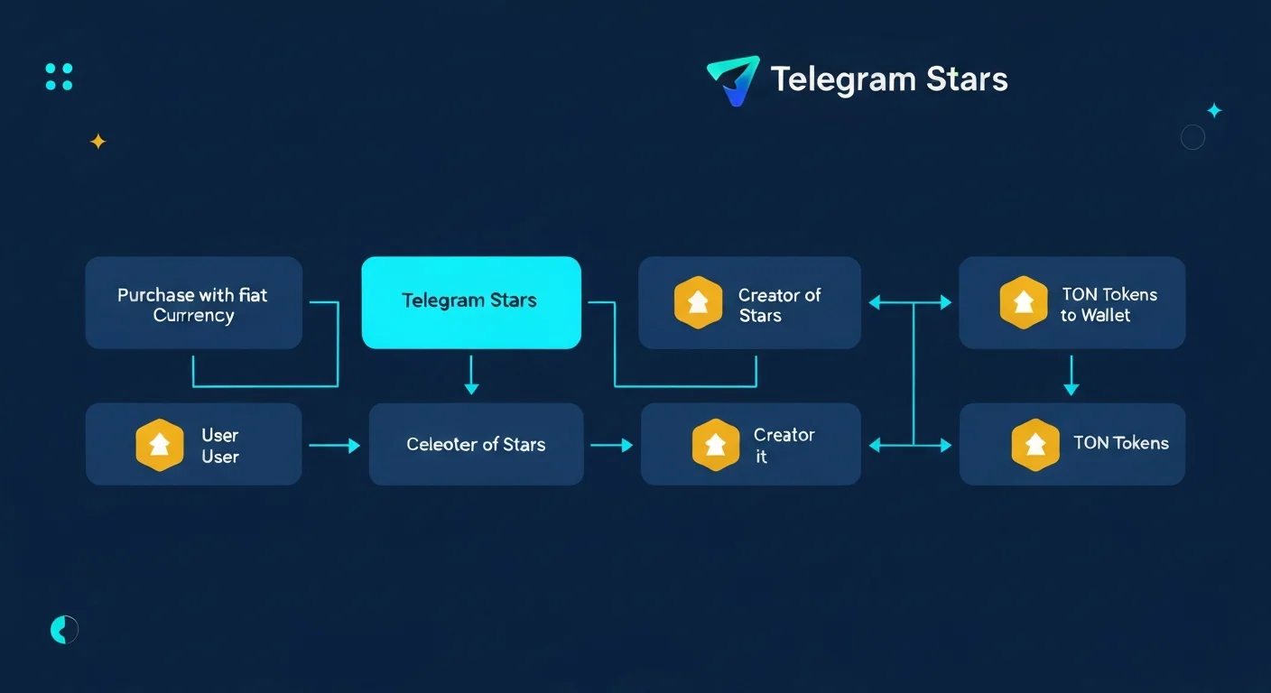 Diagram of Telegram Stars flow: buy with fiat, spend in app, creator earns, convert to TON, withdraw on-chain