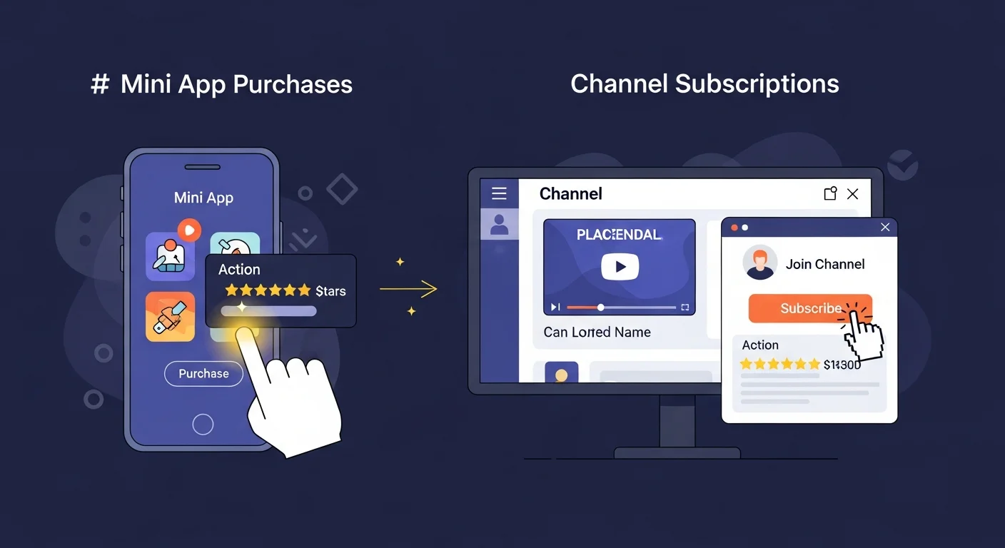 Four-panel illustration of Stars use cases: Mini App purchases, subscriptions, gifts, boosts