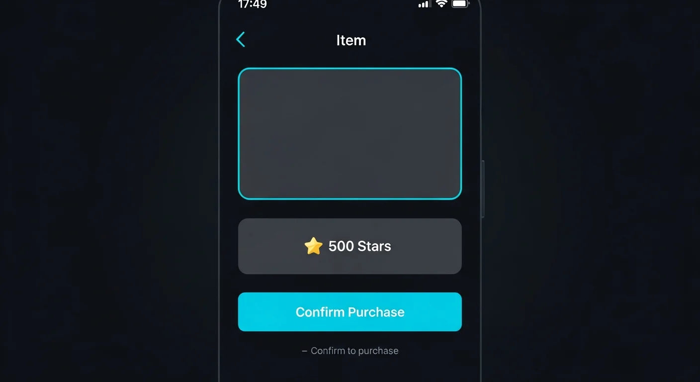 Telegram Mini App purchase screen mockup with item, price in Stars, and a confirm button