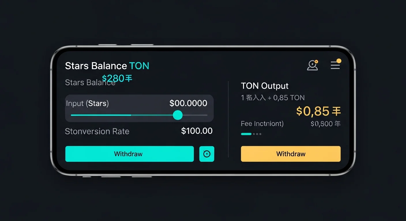 Stars-to-TON conversion screen mockup with Stars balance, conversion rate, TON output, and withdraw button
