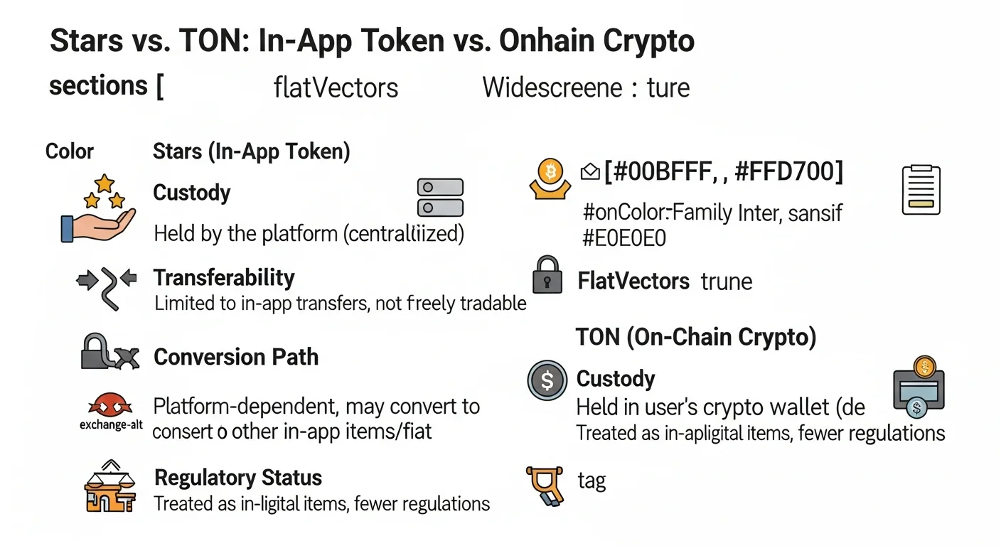 Infographic comparing in-app Stars and on-chain TON across custody, transferability, conversion and regulation