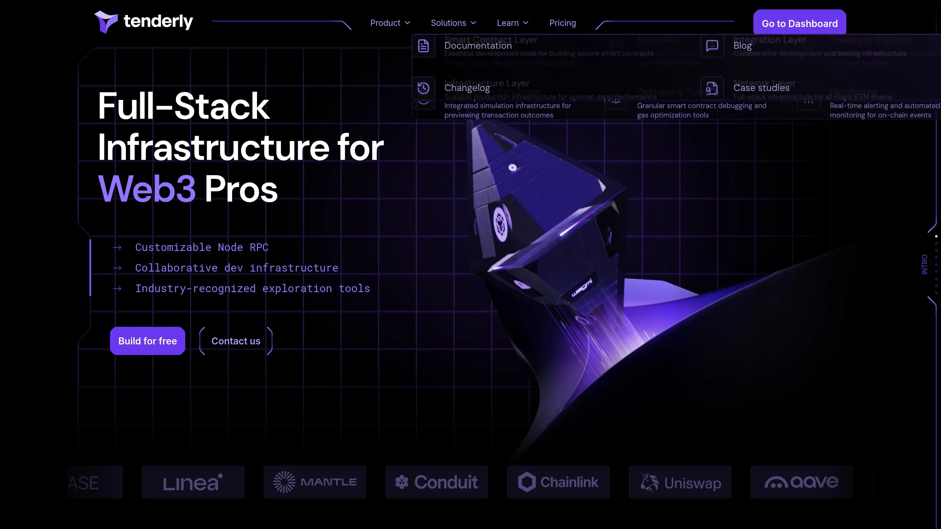 Tenderly homepage showing full-stack Web3 infrastructure and developer tooling.