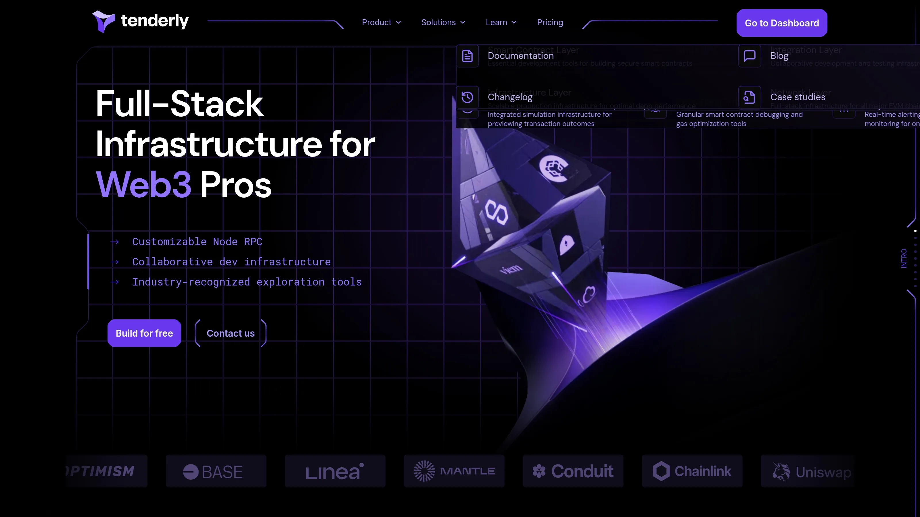 Tenderly homepage showing its full-stack Web3 infrastructure, simulation and developer tooling.