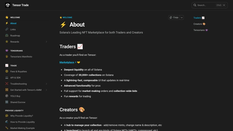 Tensor documentation page describing marketplace features for traders and creators