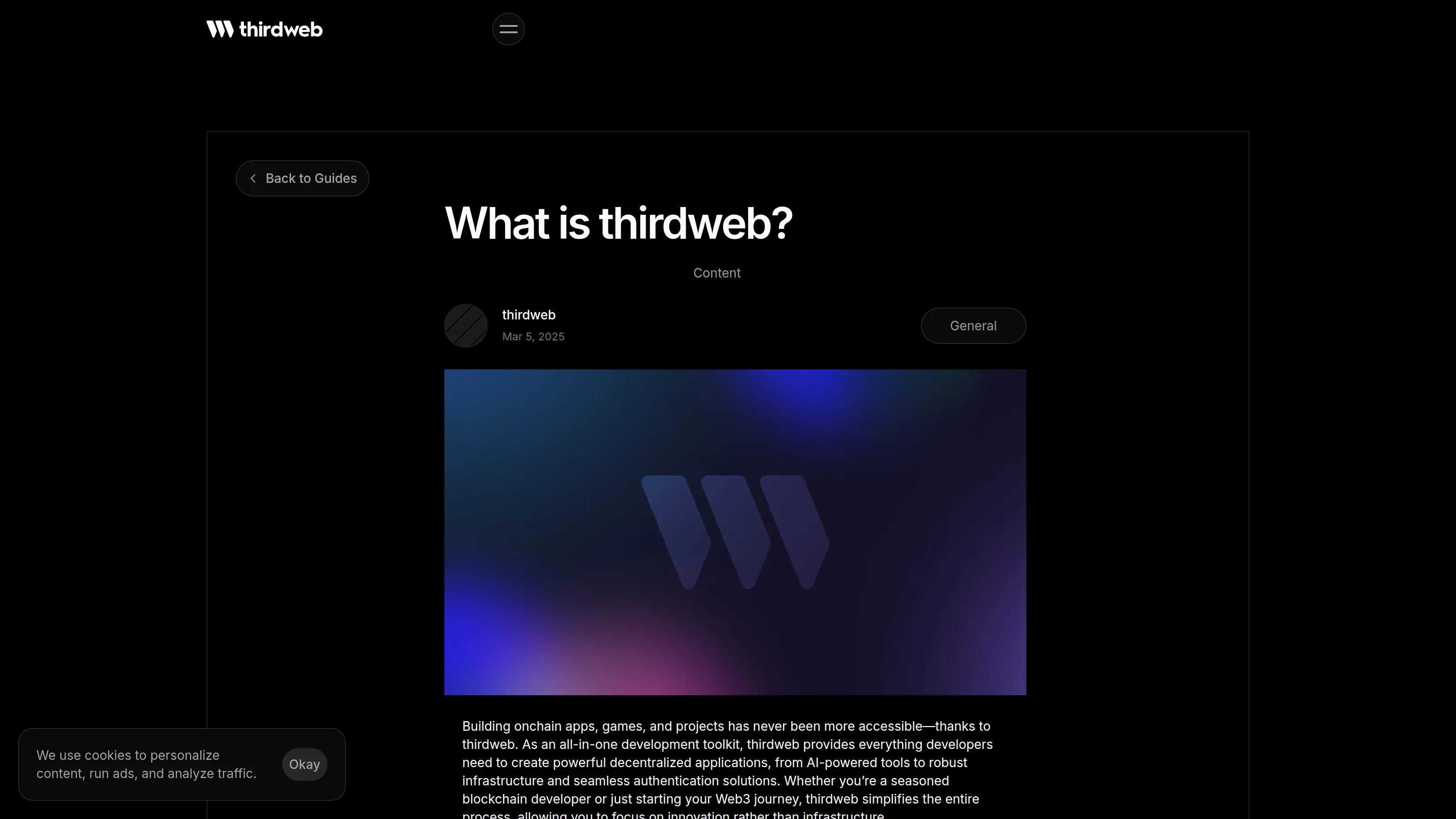 thirdweb guide page showing its Web3 development toolkit and product suite.