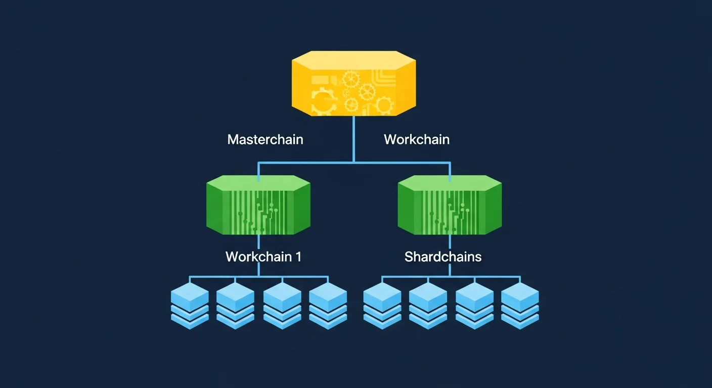 Diagram of TON hierarchy with masterchain on top, workchains below, and shardchains under each workchain