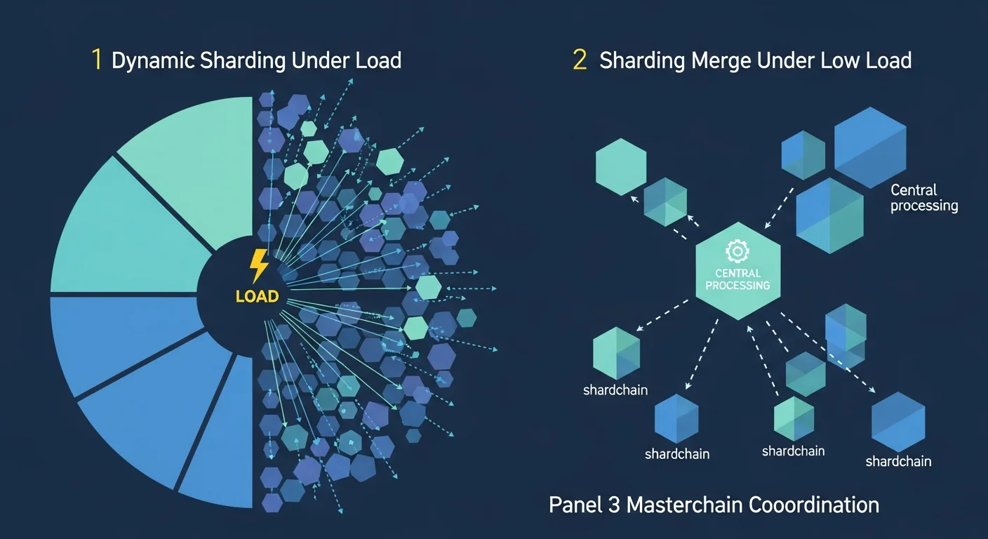 Four-panel illustration of dynamic sharding: split under load, merge under low load, masterchain coordination, validator rotation