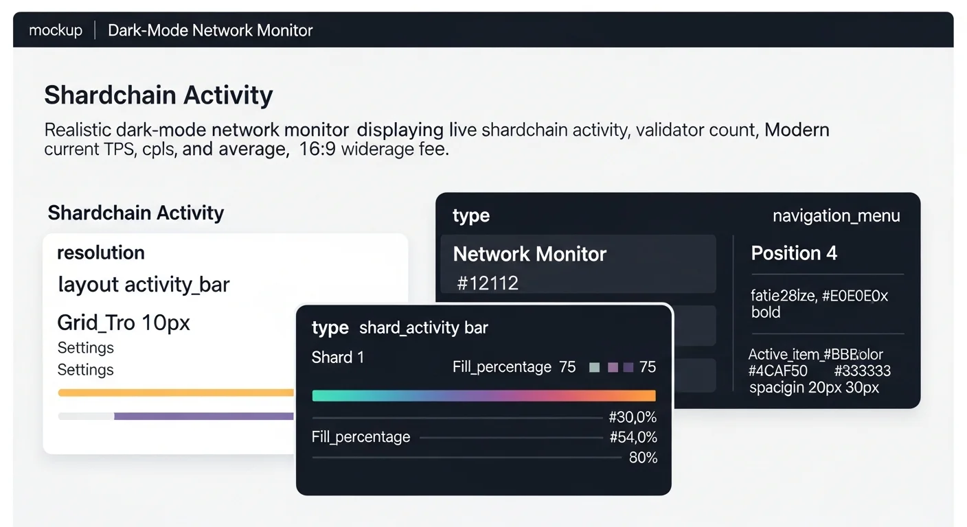 Network monitor mockup showing live shardchain activity bars, validator count, current TPS, and average fee