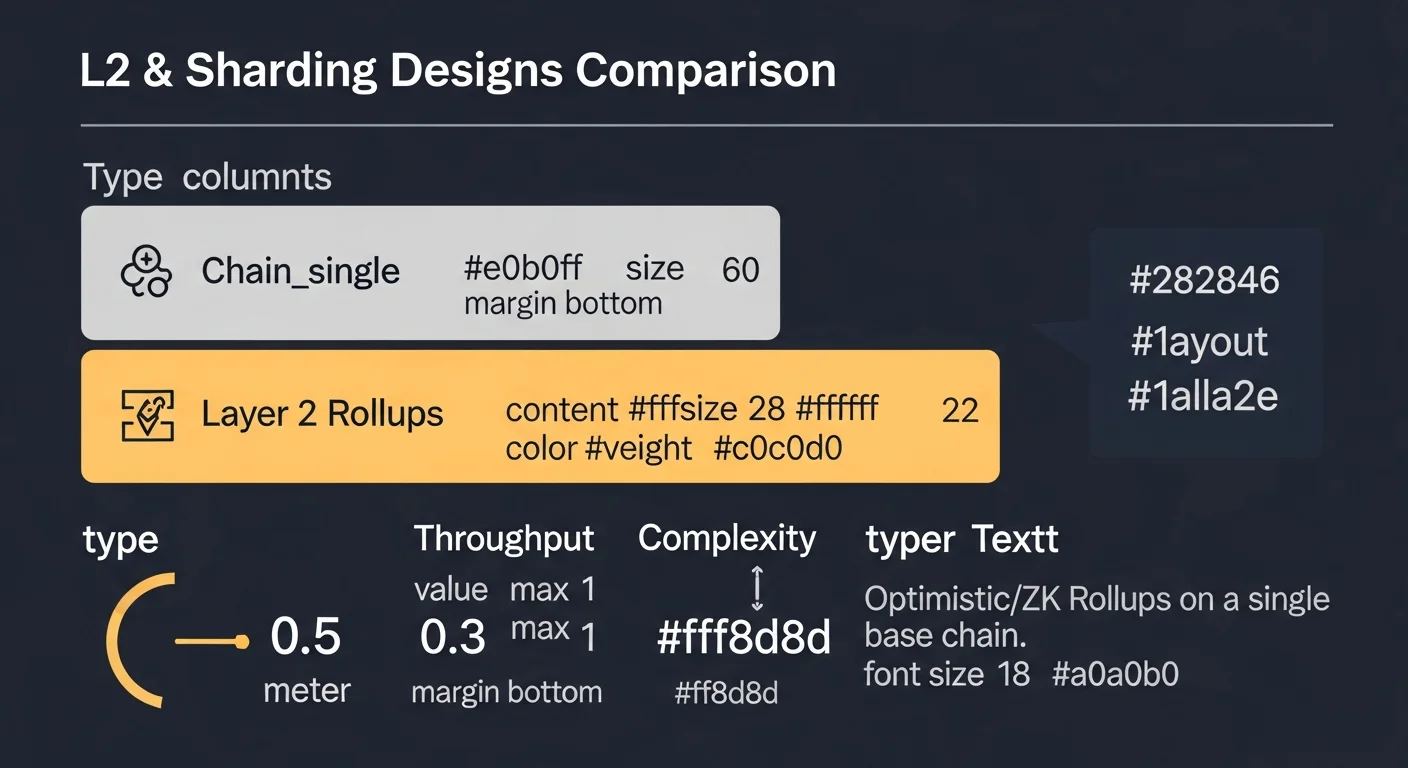 Infographic comparing single-chain, modular L2, and TON-style sharded designs with throughput and complexity meters